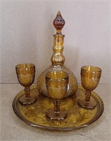 5pc Amber Decanter Goblet Set