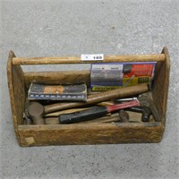 Wooden Primitive Tool Tray w/ Hand Tools