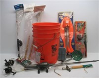 Bucket with ice fishing rods, tip ups, small