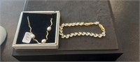 Gold Tone & Pearl Necklace + Rhinestone Bracelet
