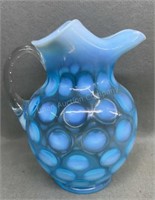 9in Blue Opalescent Coin Dot Pitcher,