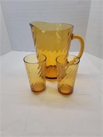 Mid Century Amber Pitcher and 2 Glasses