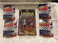 Lady death figure and nascar model cars