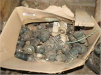BOX OF GLASS INSULATORS - BOX BOTTOM IS BUSTED