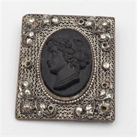 Antique Black Cameo With Filigree Brooch - As-Seen