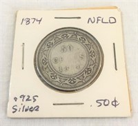 1874 NFLD .925 Silver .50 cent coin.