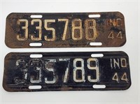 (2) 1944 Indiana Sequential License Plates