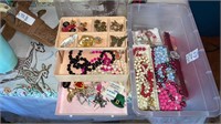 Vintage plastic jewelry box w/ contents & tub of