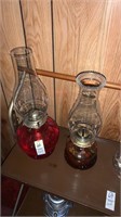 Lot of 2 Vintage Oil Lamps Red and Clear
