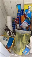 Cleaners, rags and toilet paper. Bottom of closet