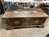 LARGE WOOD HOPE CHEST TRUNK W BRASS OVERLAY ETC
