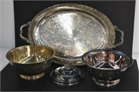 4 PIECES OF SILVERPLATE - TRAY IS 24" LONG X 14.5"