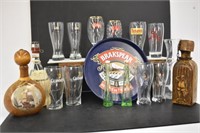 ASSORTED GLASSES, DECANTERS, CARAFES, TRAY