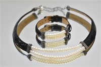 LEATHER 925 FW PEARL JEWELRY SET - SIGNED