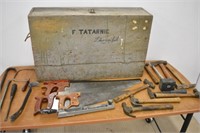 LARGE WOOD TOOL BOX AND ASSORTED TOOLS