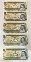 Five 1973 Canada $1 Bills