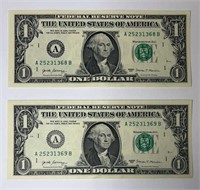 Two Consecutive 2017 United States $1 Bills