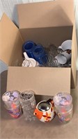 Box of Glass & Plastic Cups Mugs Pots