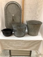 (2) Galvanized Buckets, Boiler Lid & Cast Iron