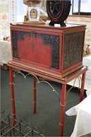 ASIAN INFLUENCE METAL STORAGE CHEST ON STAND
