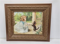 Nice Victorian Framed Girl and Cat Print