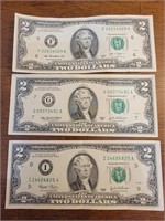 3 crisp $2 bills. 2003 and 2013