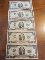 (5) 1976 bicentennial $2 dollar bills