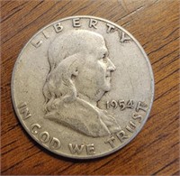 Silver 1954 Franklin half dollar