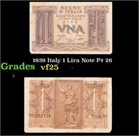 1939 Italy 1 Lira Note P# 26 Grades vf+