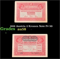 1919 Austria 2 Kronen Note P# 50 Grades Choice AU/