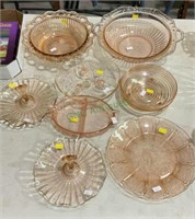 Eight piece - lots of pink glassware, serving
