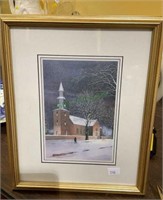 Framed and matted church print signed T.
