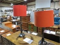 PAIR OF METAL BASE RED SHADE TABLE LAMPS