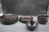 Red Glass & Black Ceramics Plates & Bowls