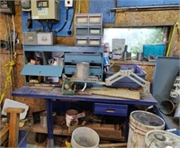 WORK BENCH & CONENTS incl OIL PARTS & WOOD CRATE