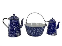 Blue Swirl Enamelware / Agate Coffee Pots & Bowl