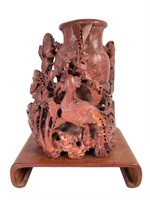 Large Carved Amber Soapstone Asian Vase