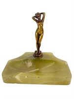 Art Deco Bronze Lady & Green Onyx Catch- All