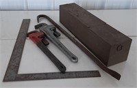 (2) Pipe Wrenches, Crowbar, Square, Metal Box