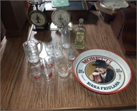 beer & root beer glasses. old bottles& beer tray