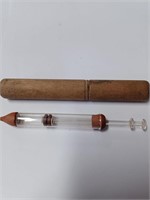 Vtg. Glass Syringe in Wooden Holder