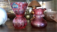 2-small cranberry glass vases, 1is german crystal