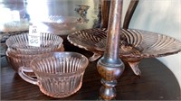 Pink depression glass footed dish, cups bowl