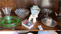 Poodle salt figurine, old glassware shelf lot