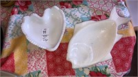 Milk glass heart & antique fish dishes
