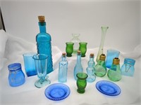 Green & Blue Glass Lot, 3 Green Pressed Glass