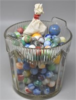 Glass Ice Bucket Full of Mixed Marbles & Small Bag