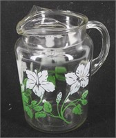 Vintage Glass Pitcher with White Flowers Green