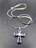 Sterling Cross Purple Pendant  & 23in  Chain
