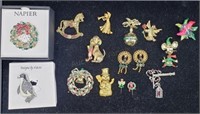 Tray Lot Christmas Brooches Pins Costume Jewelry